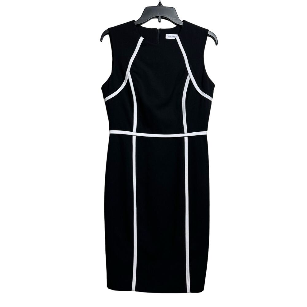 Calvin Klein Black and White Piping Sheath Dress Size 8 Classic Knee Length